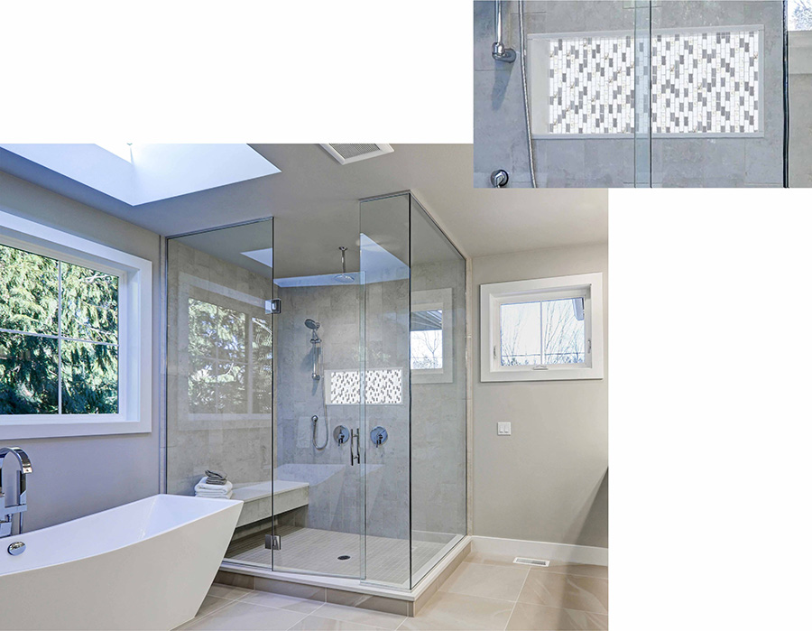 Shower with lighted niche, realized with AMADi luminous mosaic